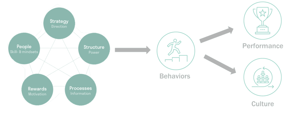 A chart of the five organizational dimensions transforming into Behaviors, Performance, and Culture.