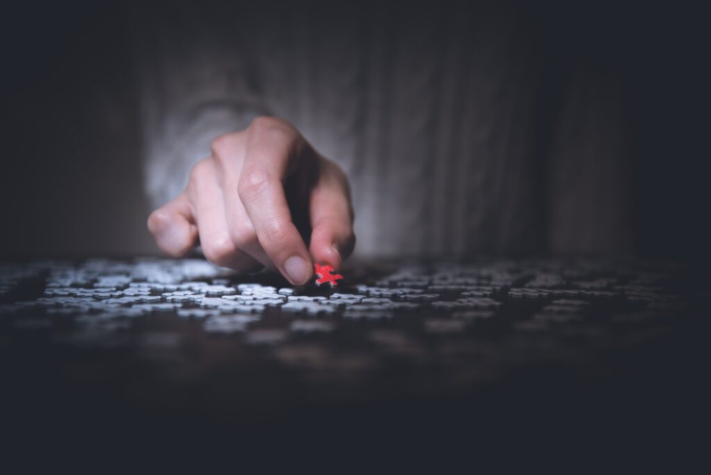 a hand holding a red puzzle piece.