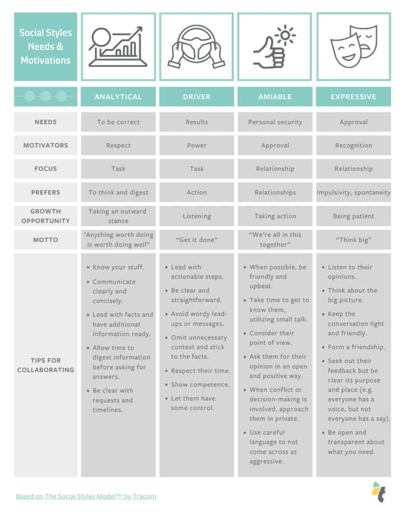 An infographic on the needs and motivations of the different Social Styles.