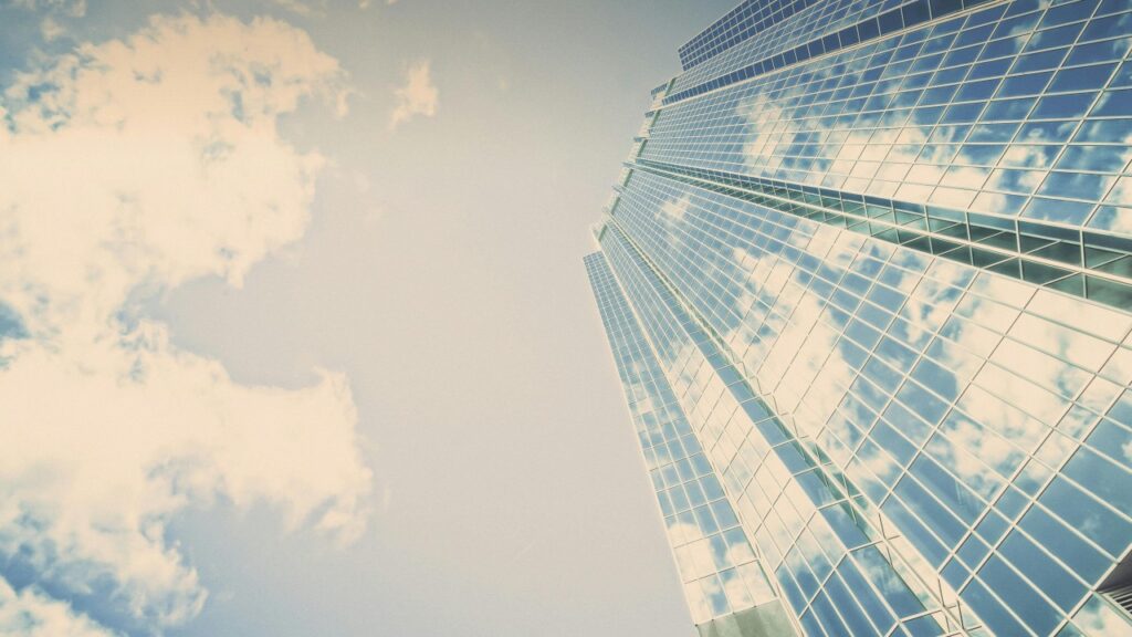 A skyscraper as seen from below.